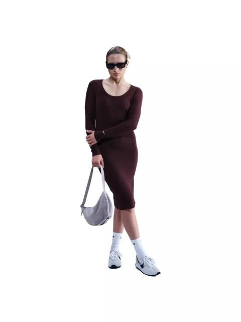 Nike Women's Sportswear Chill Knit Tight Long-Sleeve Midi Mini-Rib Dress -Burgundy