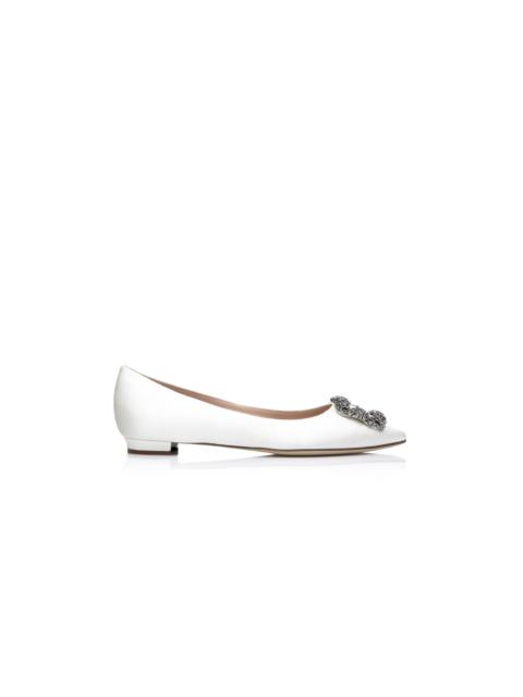 Manolo Blahnik White Satin Jewel Buckle Flats