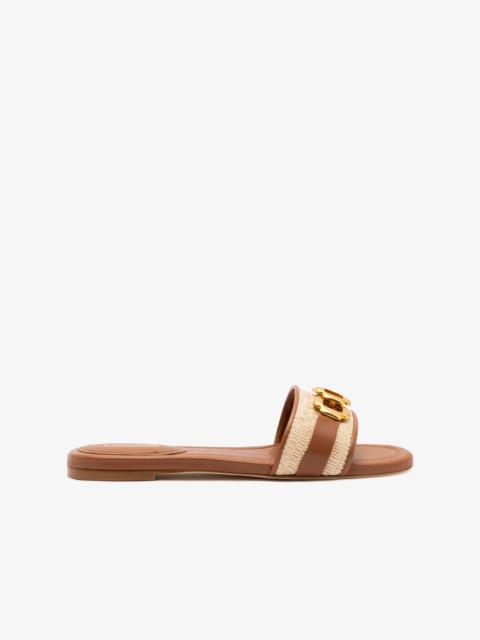 Larroudé Franca Flat In Natural Raffia And Caramel Leather
