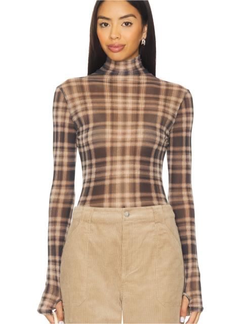 Enza Costa Plaid Mesh Long Sleeve Turtleneck Top
