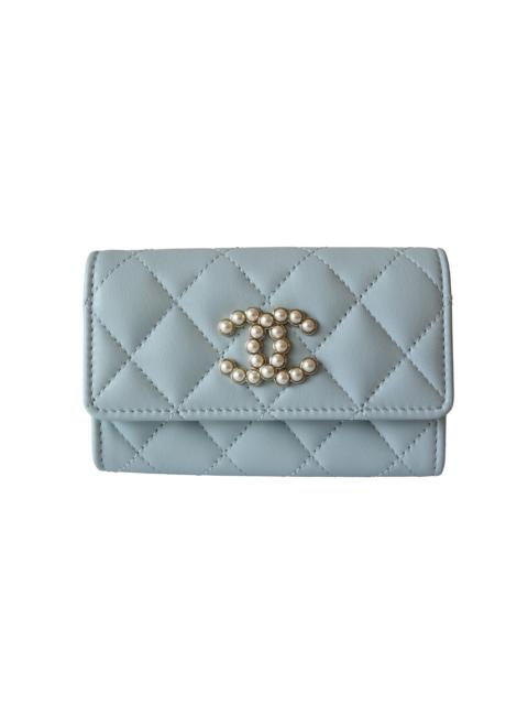 CHANEL Chanel Pearl CC Lambskin Quilted Chanel Flap Card Holder Baby Blue