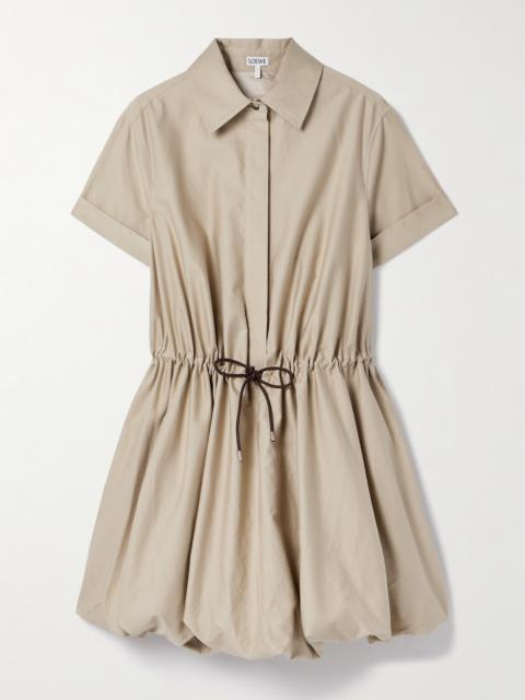 Loewe Leather-trimmed Gathered Cotton And Silk-blend Poplin Mini Shirt Dress