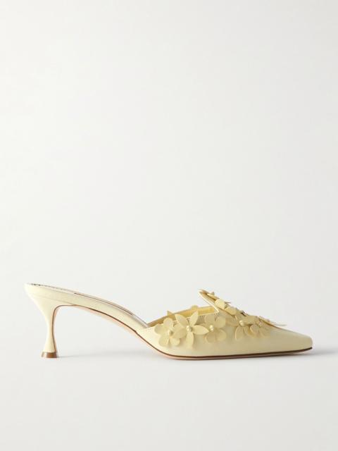Manolo Blahnik Harnes 50 appliquéd suede mules Pastel yellow
