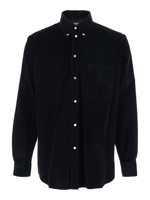 FENDI Fendi Men Black Shirt With Button-Down Collar And Ff Embroidery On The Front In Corduroy Man
