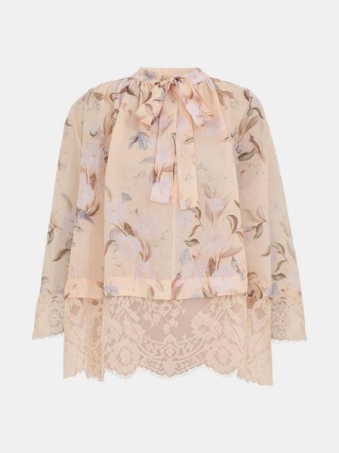 Zimmermann Cream Botanical Floral Cascadian Lace Tie Neck Blouse