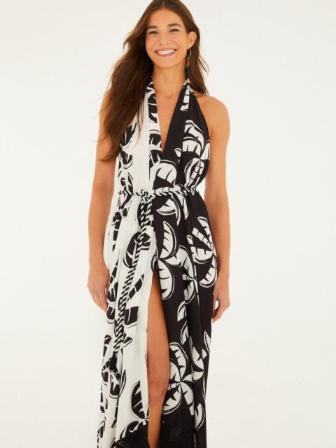 FARM RIO Black And White Graphic Palms Belted Maxi Dress