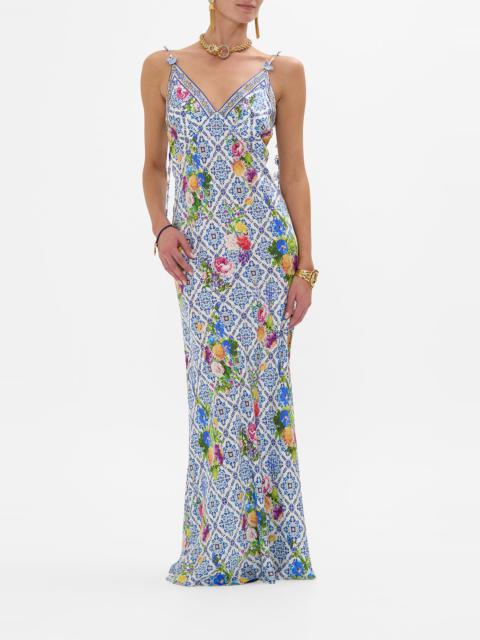 CAMILLA V NECK FULL LENGTH BIAS SLIP DRESS