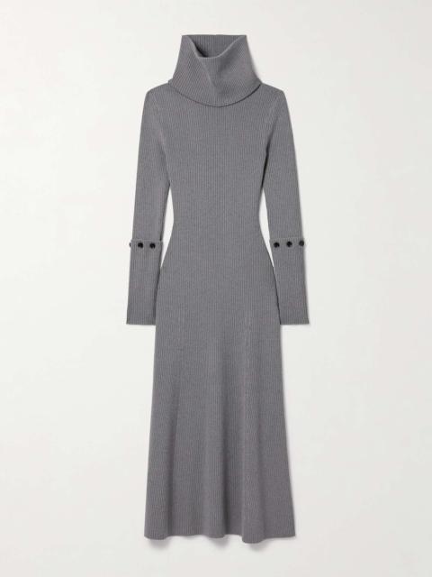 Jocelyn button-detailed ribbed-knit turtleneck midi dress