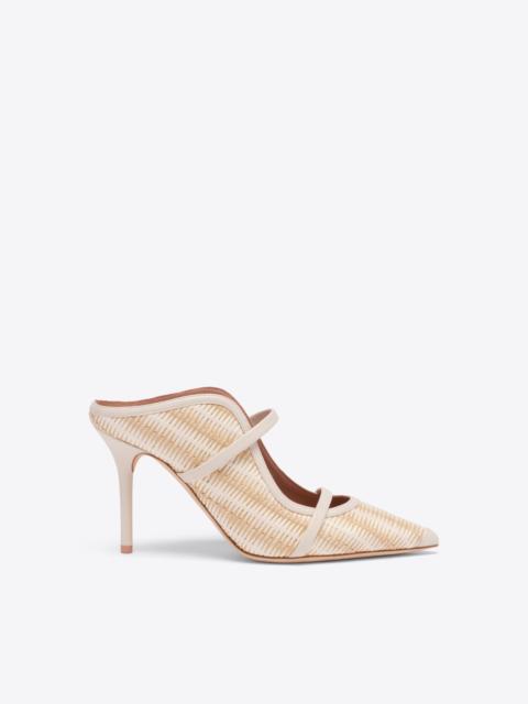 MALONE SOULIERS Maureen 85 White Stripe Raffia Heeled Mules