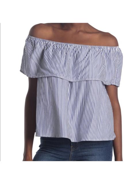 Other Designers Love in - Blue + White Striped Off Shoulder Ruffle Top