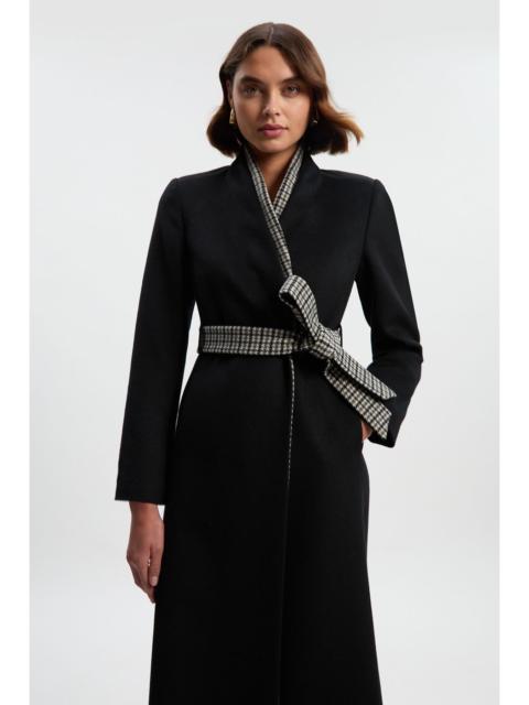 KAREN MILLEN Brushed Wool Houndstooth Mix Belted Wrap Neck Tailored Midi Coat