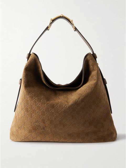 GUCCI Beautrix maxi horsebit-detailed leather-trimmed debossed suede tote Brown