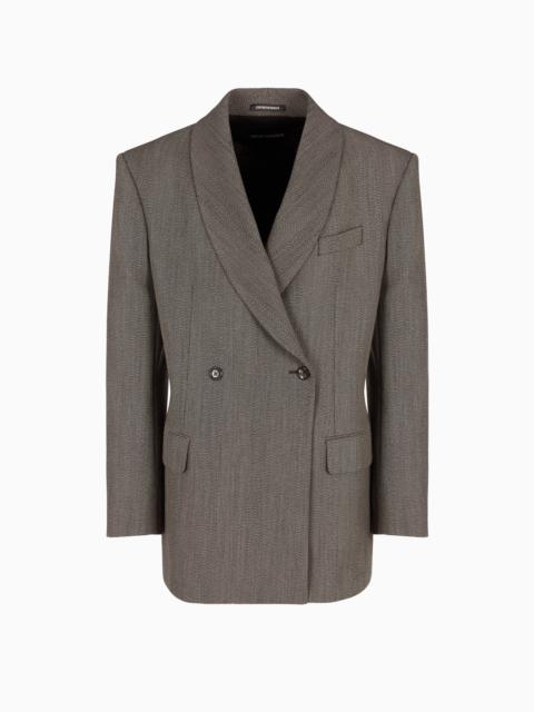 EMPORIO ARMANI MOULINÉ WOOL-BLEND CHEVRON MOTIF DOUBLE-BREASTED BLAZER WITH SHAWL COLLAR
