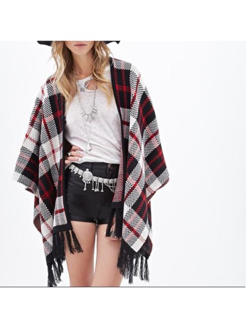 Other Designers Forever 21 - Black + Red Plaid Think Knit Fringe Poncho