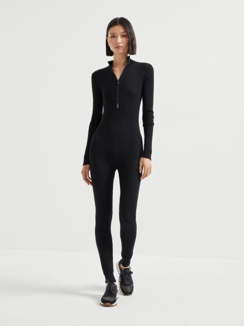 Brunello Cucinelli Sparkling cashmere and silk lightweight rib knit jumpsuit with half zip and shiny detail