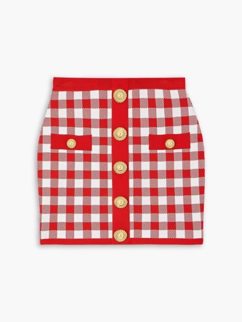 Balmain Button-embellished gingham jacquard-knit mini skirt