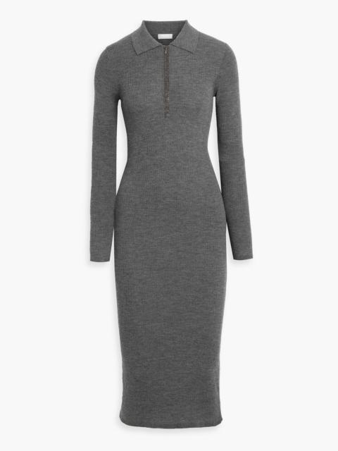 Brunello Cucinelli Bead-embellished ribbed wool and cashmere-blend midi dress