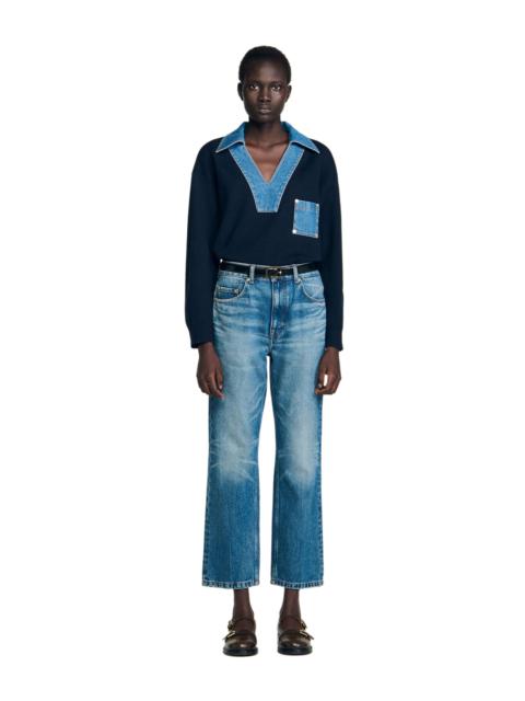 Sandro SANDRO Sweater with denim details in Navy Blue at Nordstrom