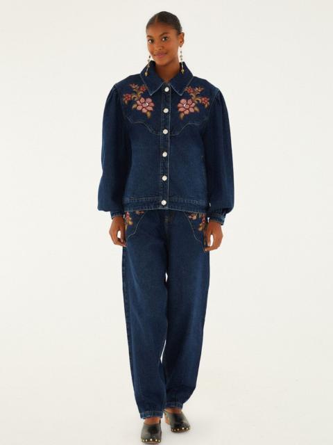 FARM RIO Denim Floral Embroidery Pants