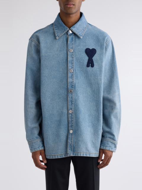 AMI Paris AMI PARIS Ami de Coeur Monogram Patch Denim Overshirt in 480 Used Blue/480 at Nordstrom
