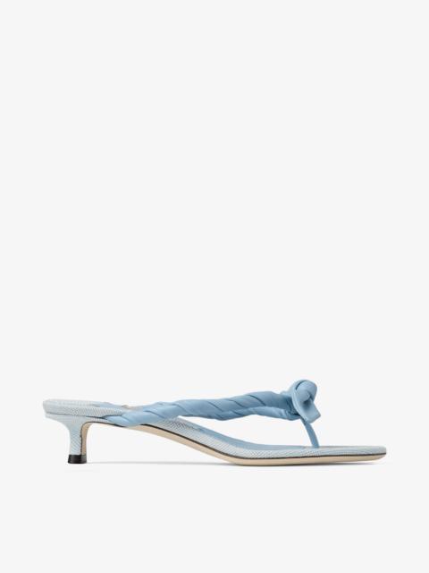 JIMMY CHOO Liss 35
Riviera Blue Mix Soft Glove Leather and Flecked Canvas Mule Sandals with Nappa Leather Bow