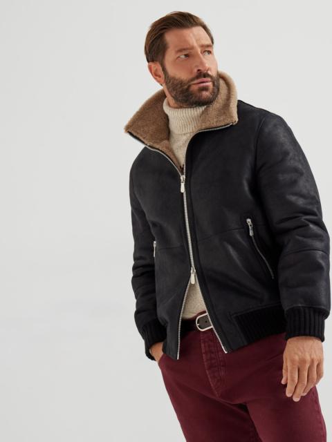 Brunello Cucinelli Nubuck-effect shearling bomber jacket with cashmere knit collar