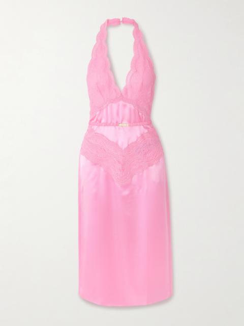 GUCCI Belted Silk-satin And Lace Halterneck Midi Dress