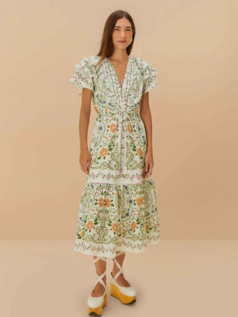 FARM RIO Off-White Folk Floral Lace Midi Dress