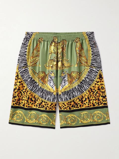 VERSACE Straight-Leg Printed Silk-Twill Shorts Green