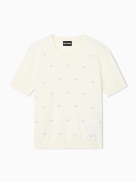 EMPORIO ARMANI SHAVED COTTON SWEATER WITH ALLOVER EMBROIDERY