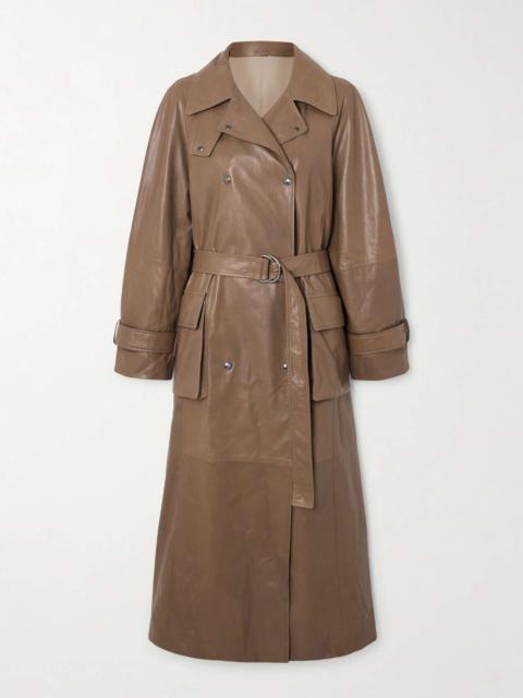 Bead-embellished belted double-breasted leather trench coat Brown