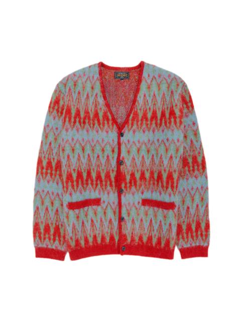BEAMS PLUS Cardigan Jacquard Chevron Pattern Red