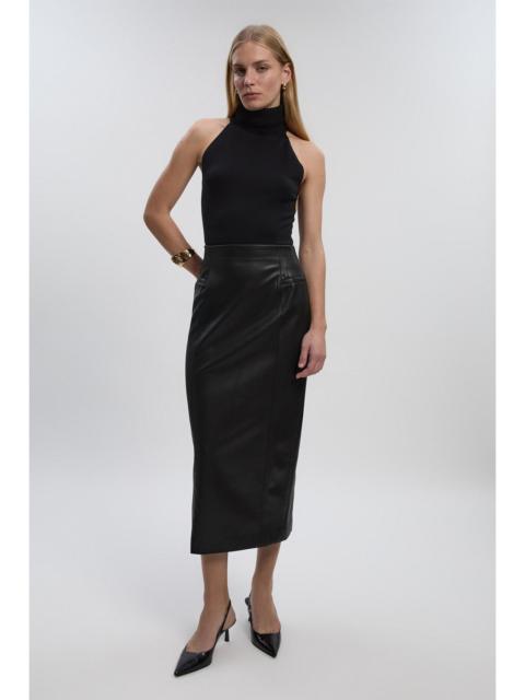 KAREN MILLEN Petite Faux Leather Seam Waist Detail Pencil Midi Skirt