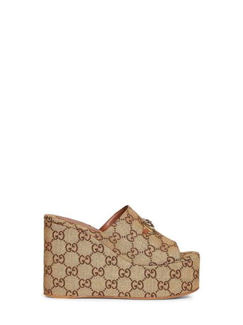 GUCCI Gucci Women Beige And Dark Brown Horsebit Wedge Sandals