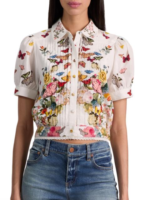 Alice + Olivia Alice + Olivia Rosie Butterfly & Floral Print Pleated Cotton Button-Up Shirt in Solar Strength Off W