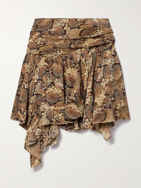 Clem asymmetric snake-print devoré silk-blend mini skirt