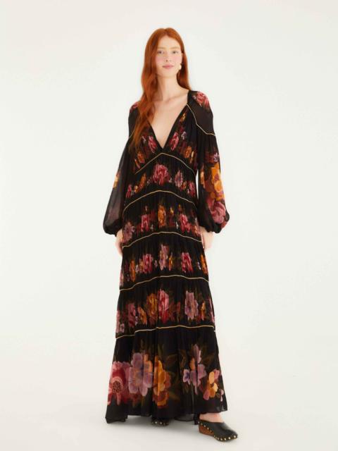 FARM RIO Black Chenille Flowers Long Sleeve Midi Dress