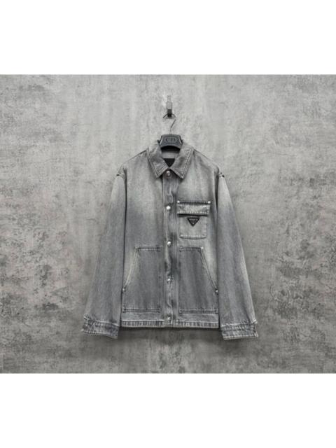 Prada Prada Heavyweight Washed Distressed Triangle Logo Denim Jacket
