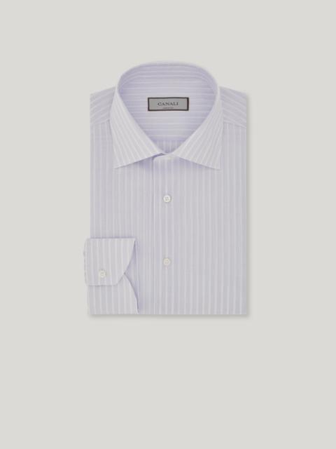 Canali LIGHT BLUE AND WHITE STRIPED COTTON AND LINEN REGULAR-FIT SHIRT