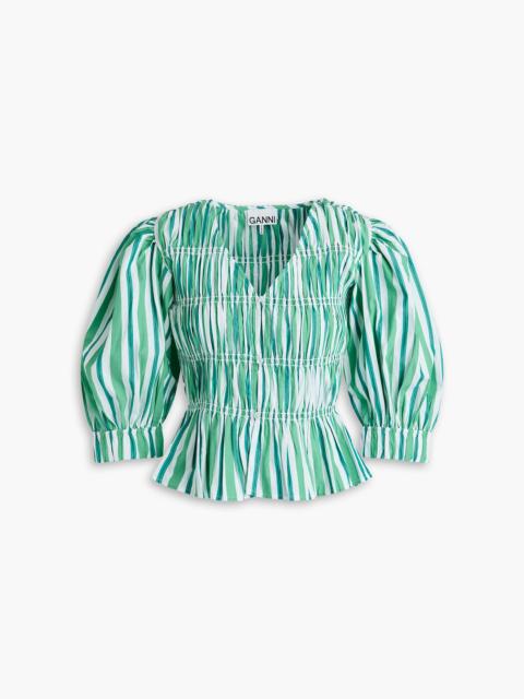 GANNI Shirred striped cotton-poplin blouse