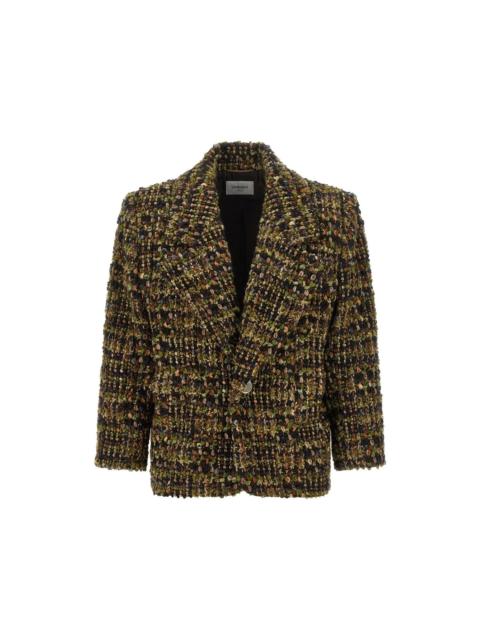 SAINT LAURENT SAINT LAURENT $5500 Kaki Gris Vert Tweed Single-Breasted Jac