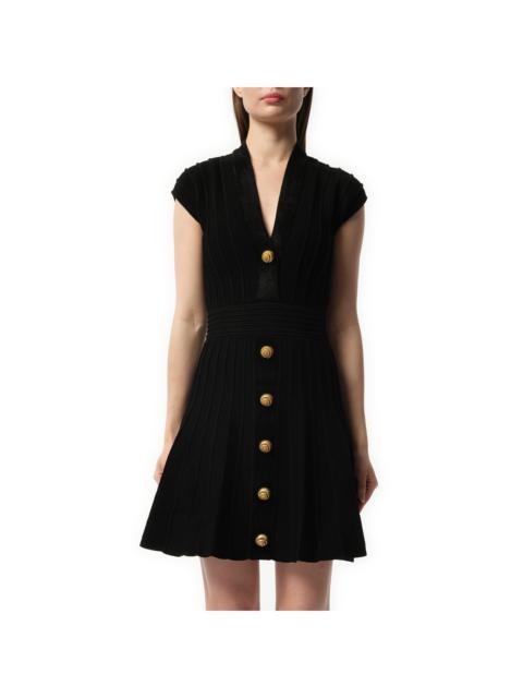 Balmain Button V-Neck Velvet Flare Short Dress in Black