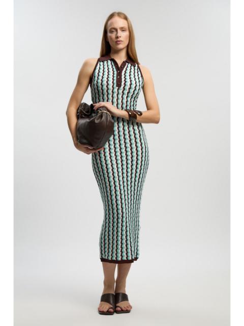 KAREN MILLEN Knit Contrast Collar Pointelle Sleeveless Midi Dress
