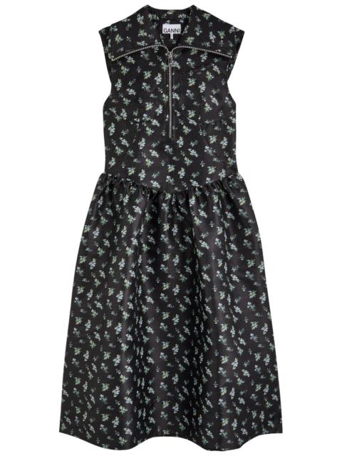 Ganni Floral-jacquard Satin Midi Dress