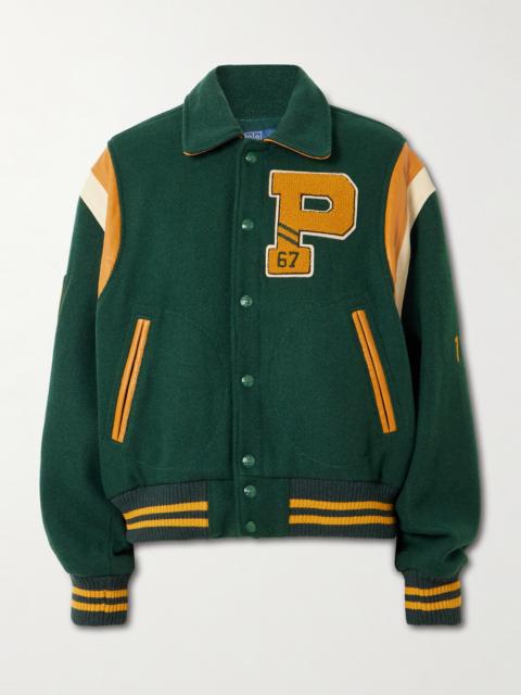 Polo Ralph Lauren Appliquéd Striped Leather-trimmed Wool-blend Varsity Jacket