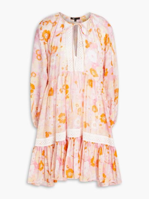 maje Gathered floral-print cotton and silk-blend mousseline mini dress