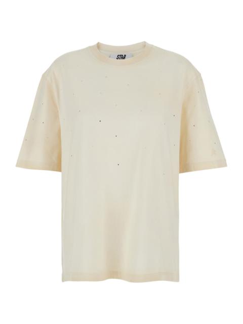Golden Goose Golden Goose Women White Crew Neck T-Shirt With Rhinestone Decoration And Print On The Back In Cotto