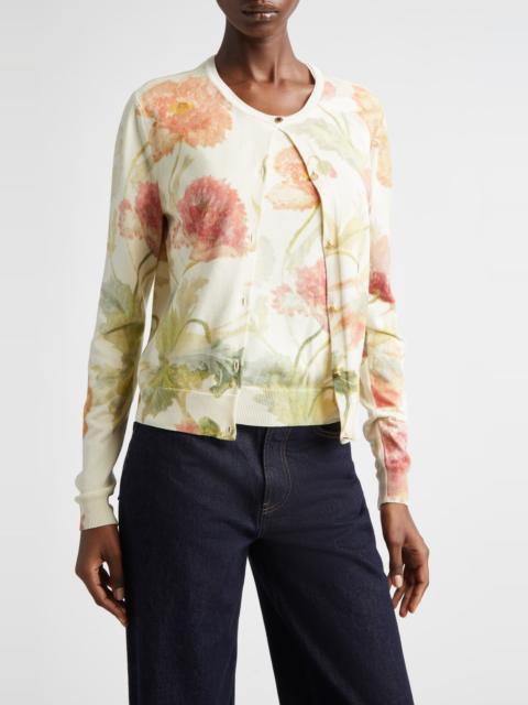 CAROLINA HERRERA Carolina Herrera Poppy Print Silk & Cotton Cardigan in Almond Multi at Nordstrom
