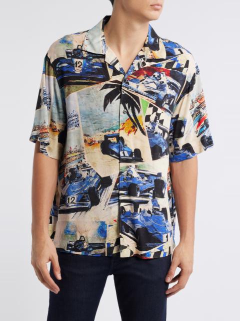 HUGO HUGO Espino Race Car Print Camp Shirt in Open Blue at Nordstrom