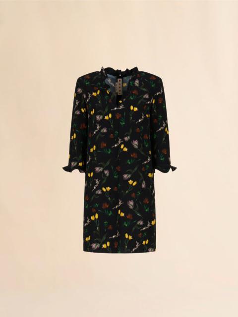 Marni BLACK ENVERS SATIN MINI DRESS WITH TULIPS AND HARES PRINT